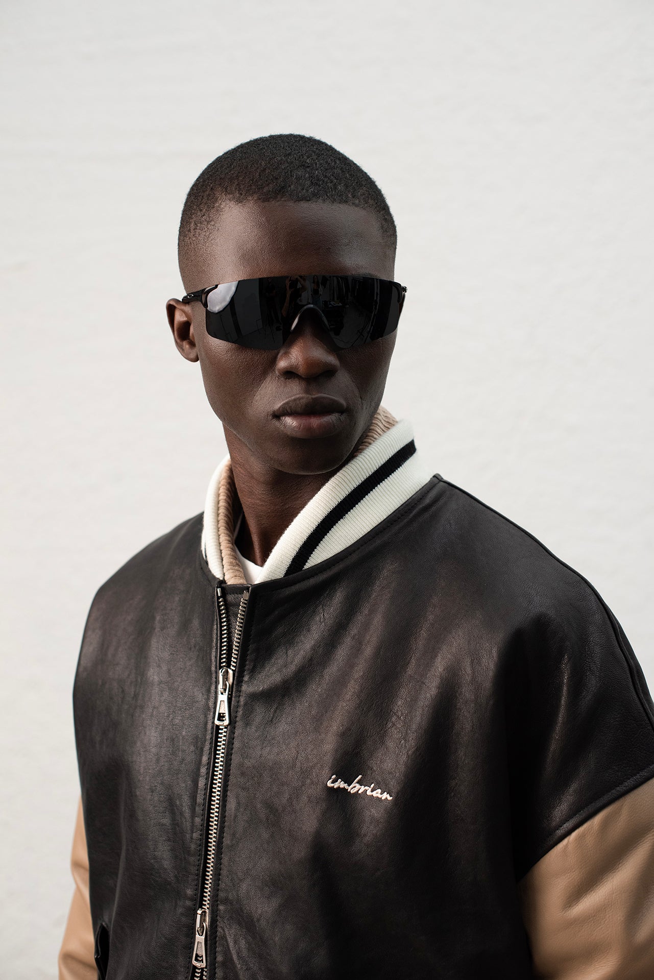 Blouson aviateur oversize en cuir - Noir/Taupe