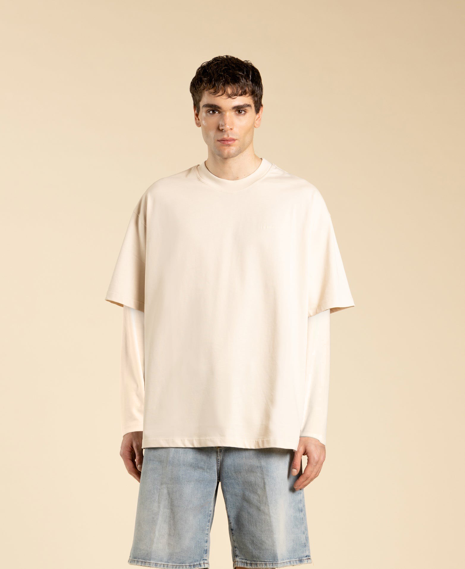 T-shirt oversize in cotone doppia manica - Beige/beige