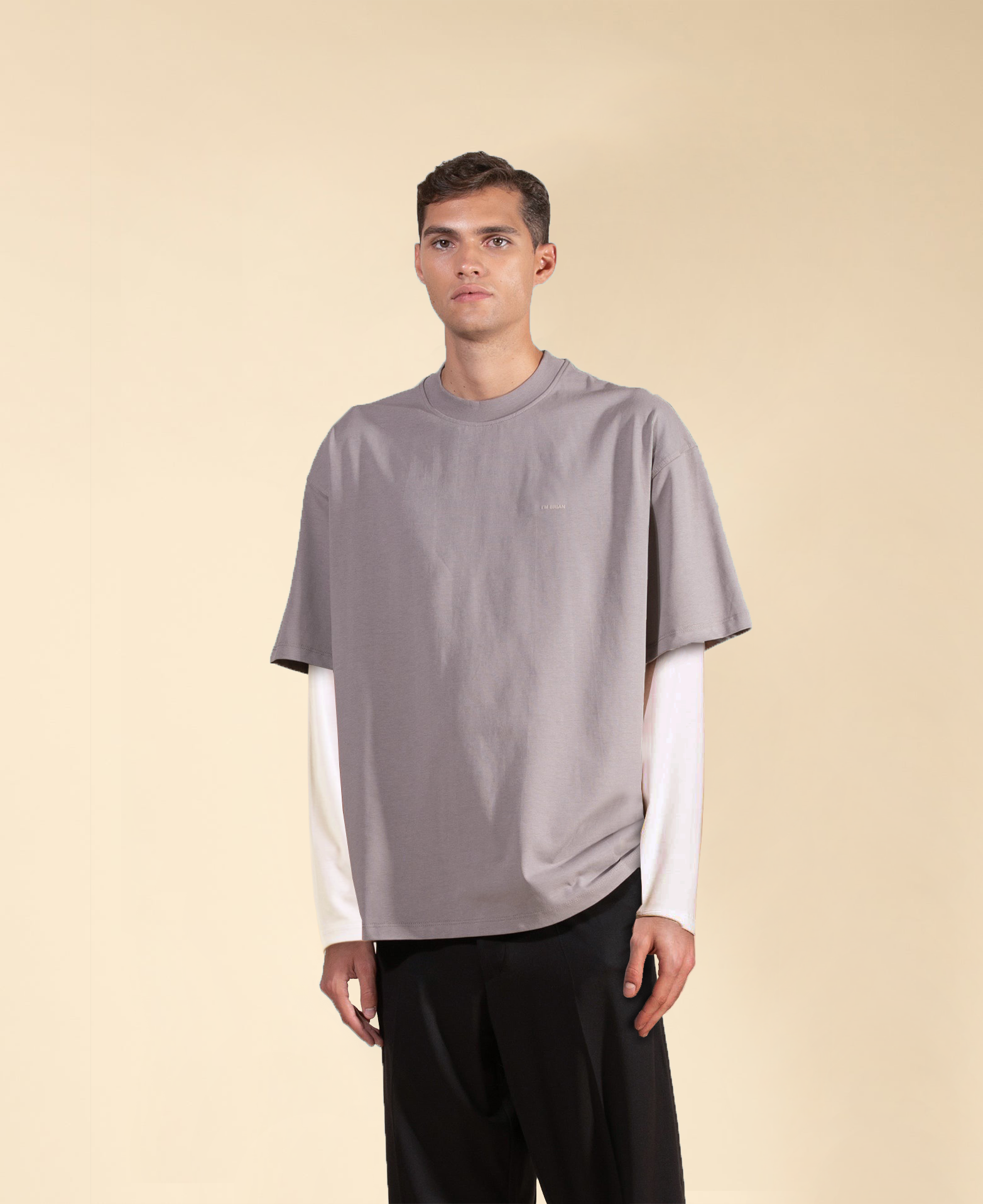 T-shirt oversize in cotone doppia manica - Fango/panna