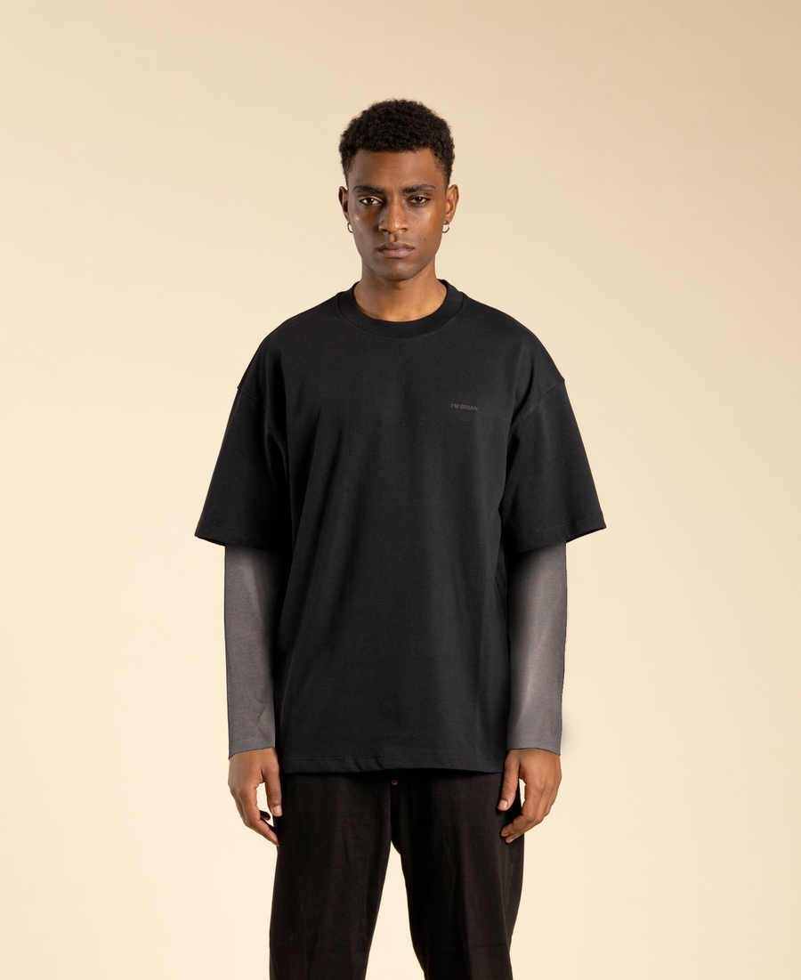 T-shirt oversize in cotone doppia manica - Nero/fango