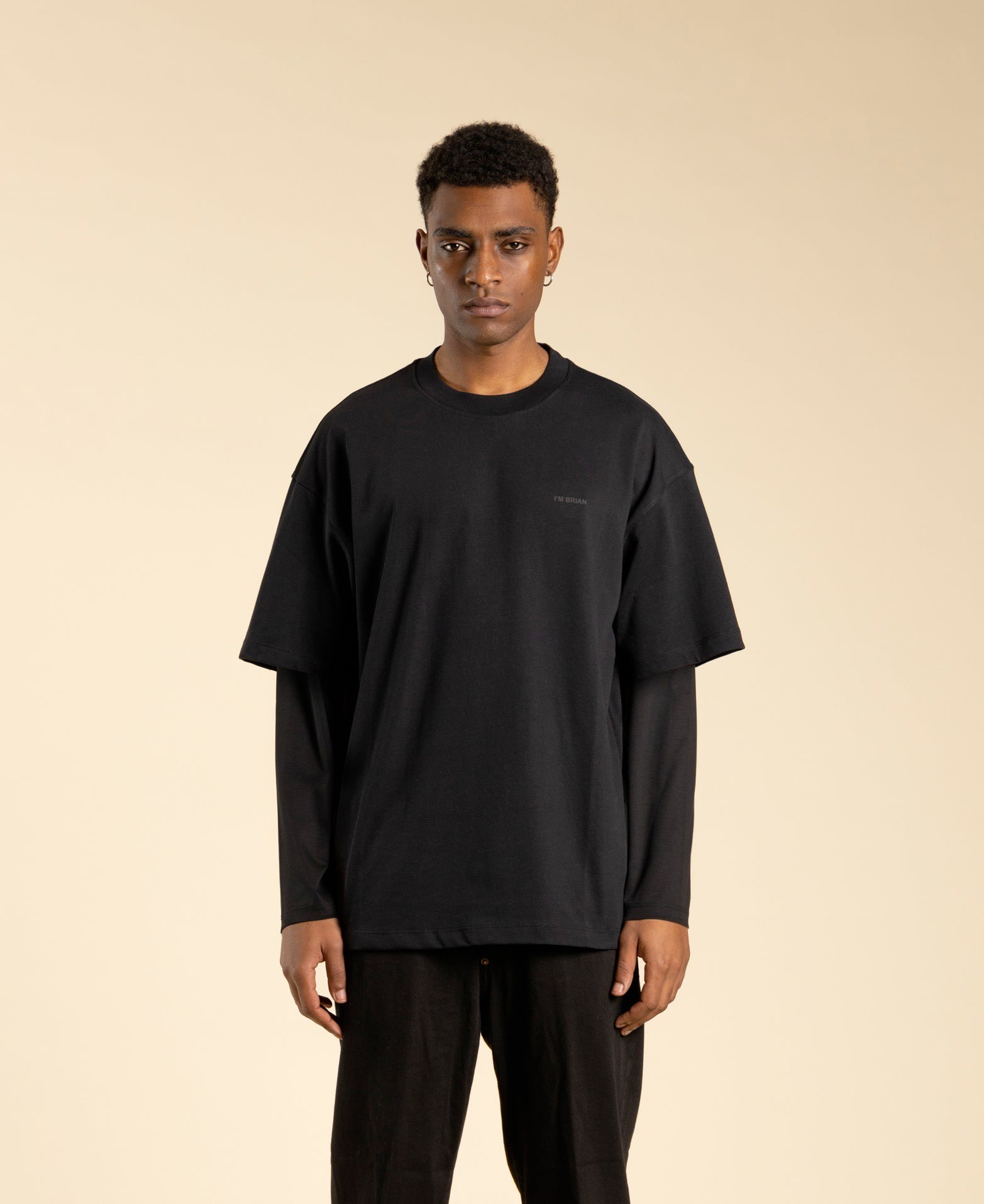 T-shirt oversize in cotone doppia manica - Nero/nero