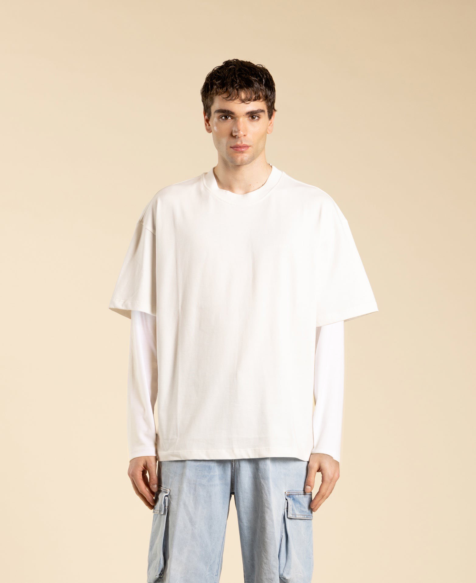 T-shirt oversize in cotone doppia manica - Panna/panna