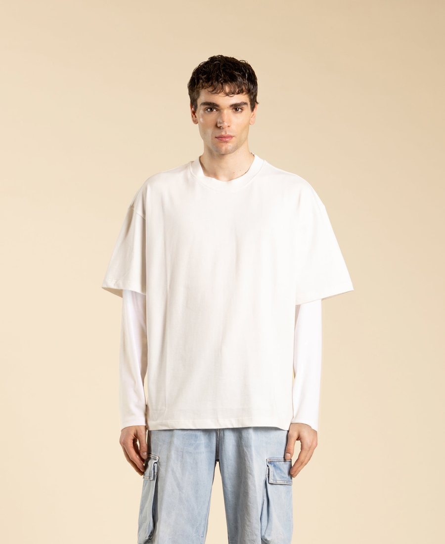 T-shirt oversize in cotone doppia manica - Panna/panna