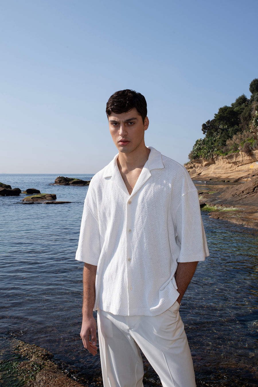 Camicia in cotone motivo rombi - Panna