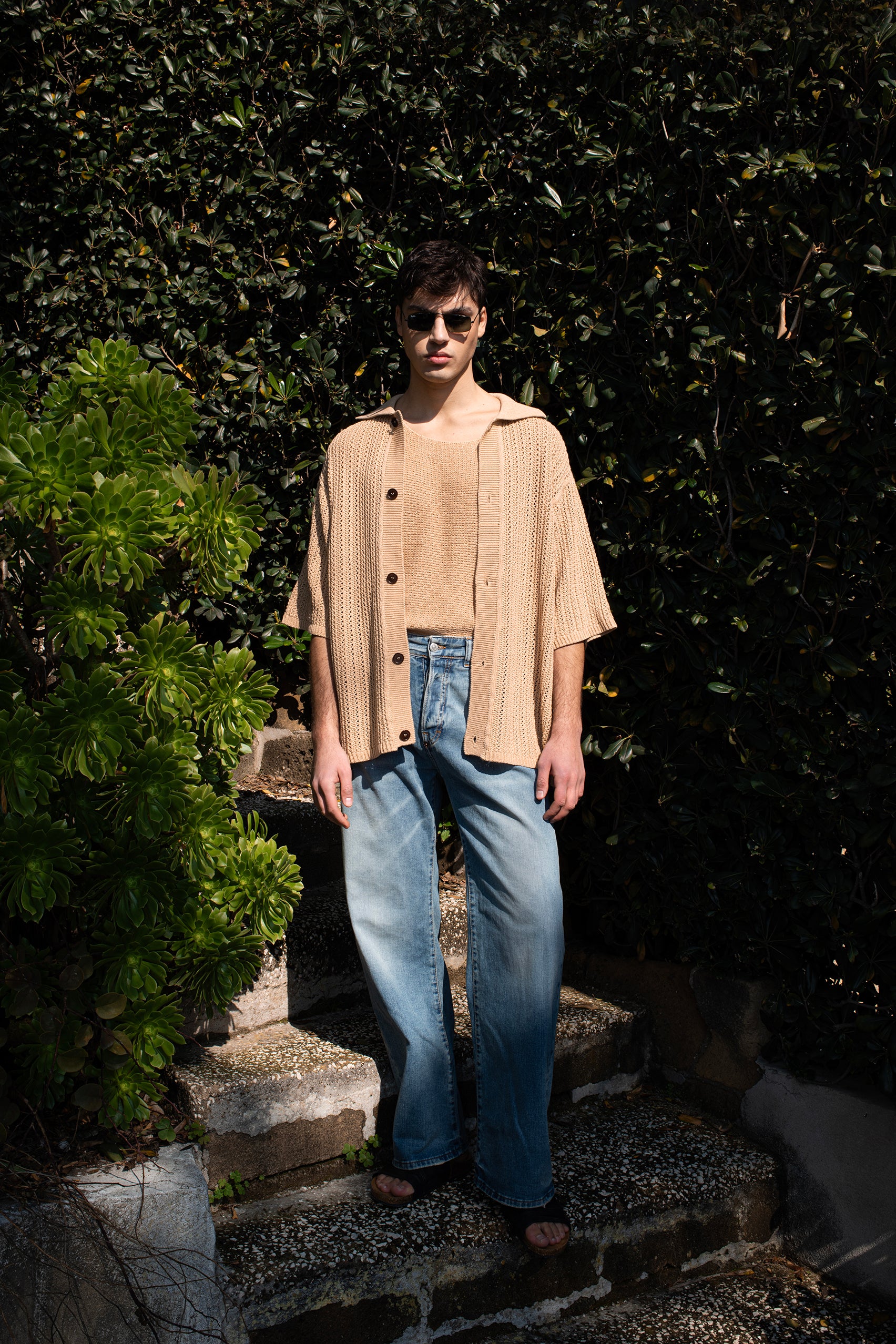 Cardigan oversize in maglia traforato - Beige