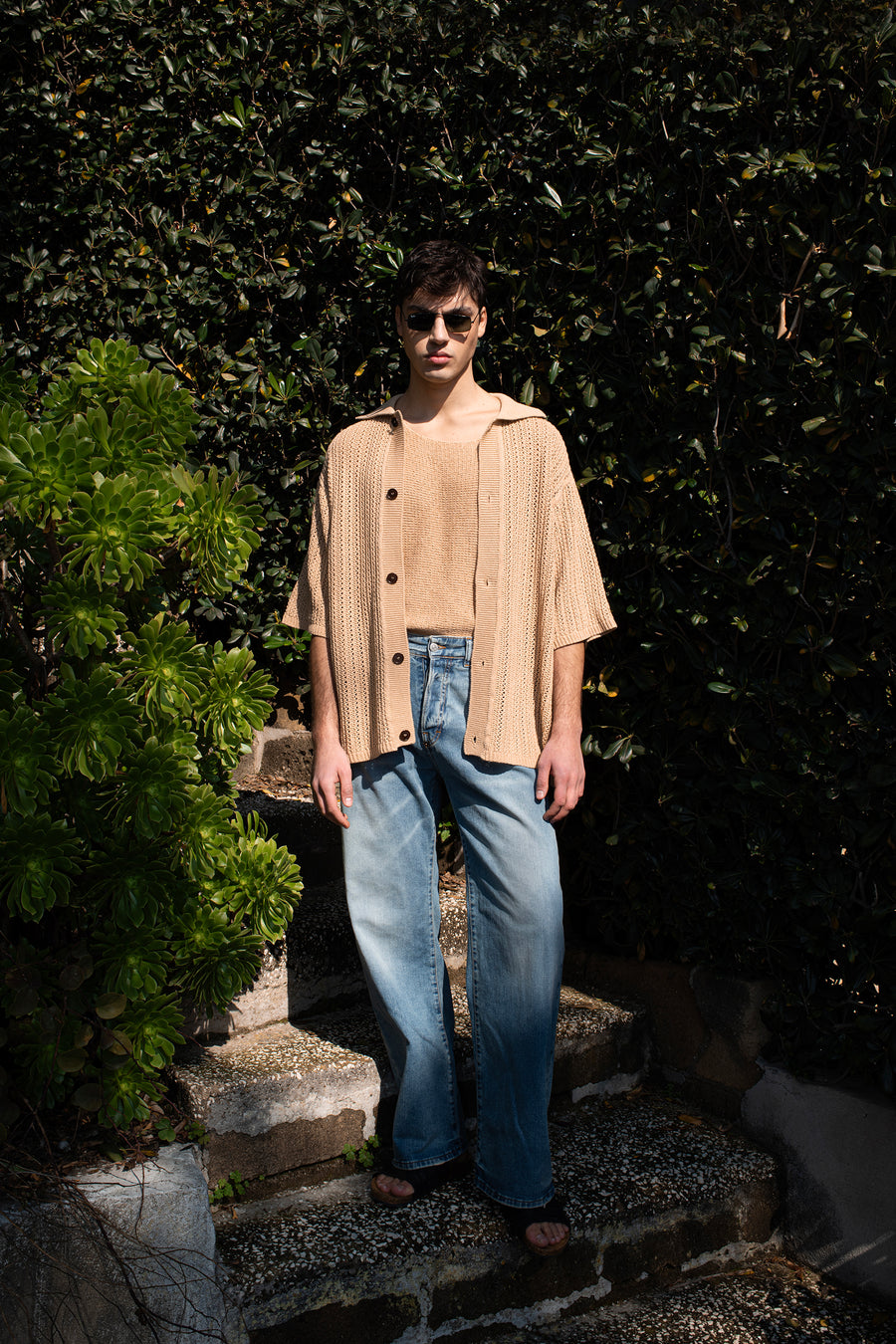 Cardigan oversize in maglia traforato - Beige