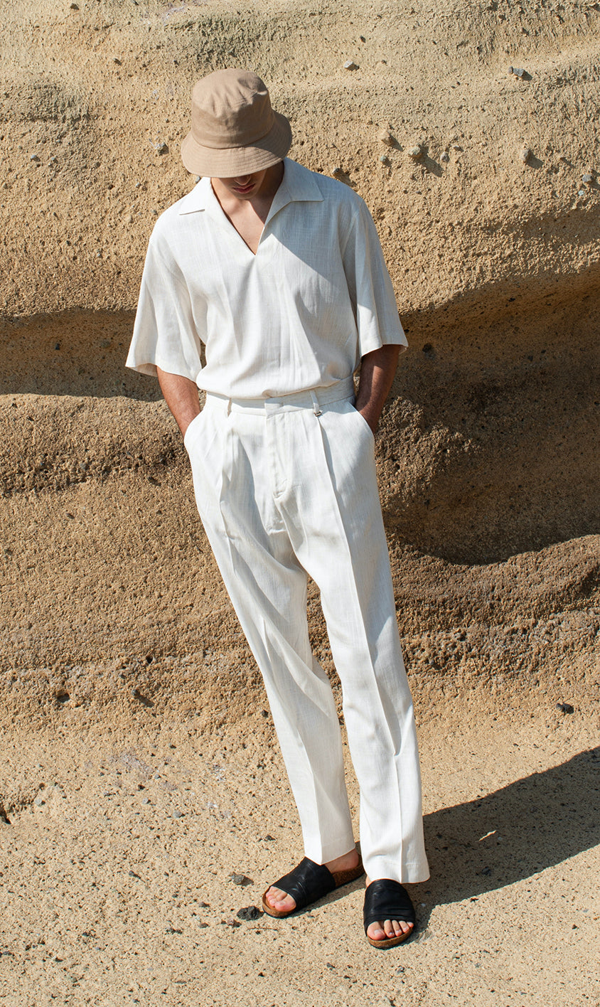 Polo camicia scollo a punta in misto lino - Panna